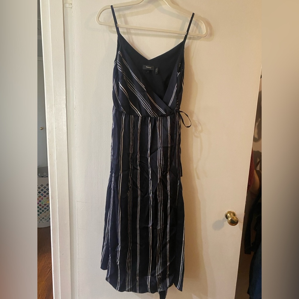 Theory Navy and White Striped Wrap Maxi Dress
